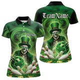 Maxcorners Custom Green St Patricks Day Skull Bowling Polo Shirts For Men And Women, Shamrock Bowling Shirt