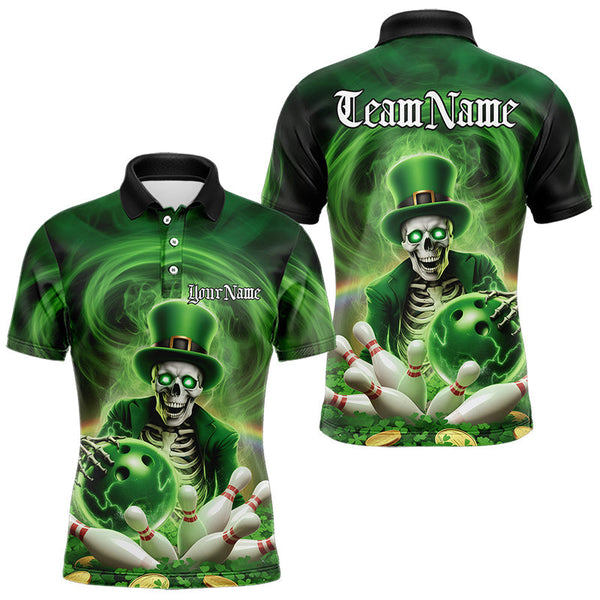 Maxcorners Custom Green St Patricks Day Skull Bowling Polo Shirts For Men And Women, Shamrock Bowling Shirt