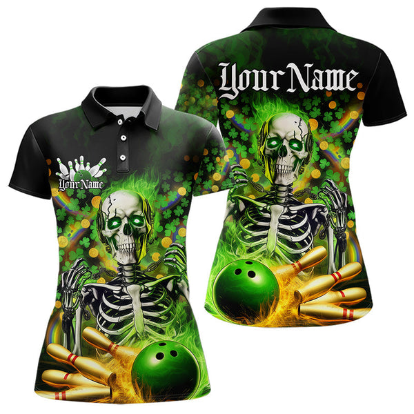 Maxcorners Custom Green Flame Skull Saint Patrick Day Bowling Polo & Quarter Zip Shirt For Men And Women, Shamrock Bowling