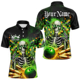 Maxcorners Custom Green Flame Skull Saint Patrick Day Bowling Polo & Quarter Zip Shirt For Men And Women, Shamrock Bowling