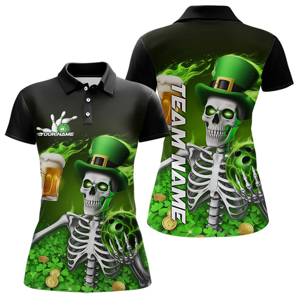 Maxcorners Custom Green St Patricks Day Funny Skull Drink Beer Bowling Polo & Quarter Zip Shirts For Men And Women