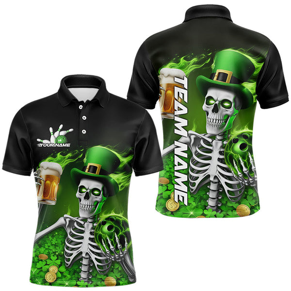 Maxcorners Custom Green St Patricks Day Funny Skull Drink Beer Bowling Polo & Quarter Zip Shirts For Men And Women