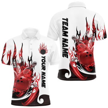Maxcorners Custom Red Flame Bowling Team Jerseys, Bowling League Polo Shirt For Men LM2602
