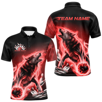 Maxcorners Red Flame Wolf Custom Bowling Team Shirt For Men, Fire Wolf Bowling Jerseys LM2602