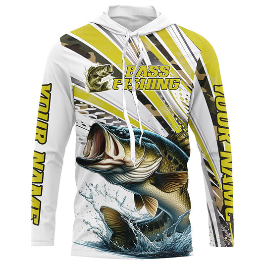 Maxcorners Personalized Largemouth Bass Fishing Jerseys, Custom Bass Long Sleeve Fishing Shirts Camo LM0201