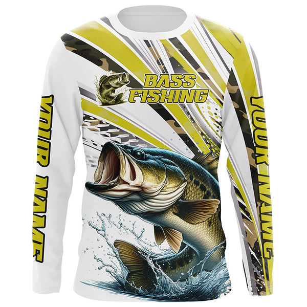 Maxcorners Personalized Largemouth Bass Fishing Jerseys, Custom Bass Long Sleeve Fishing Shirts Camo LM2408