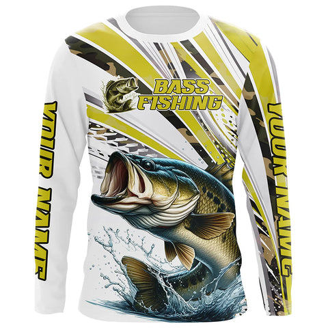 Maxcorners Personalized Largemouth Bass Fishing Jerseys, Custom Bass Long Sleeve Fishing Shirts Camo LM2408