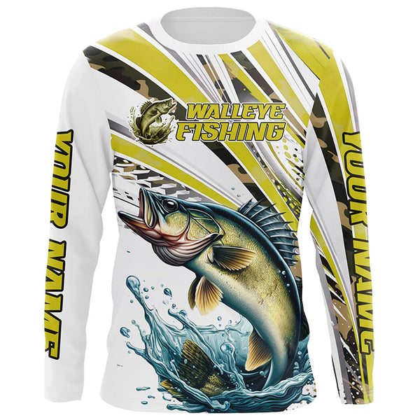Maxcorners Personalized Walleye Fishing Jerseys, Custom Walleye Long Sleeve Fishing Shirts Camo LM2408