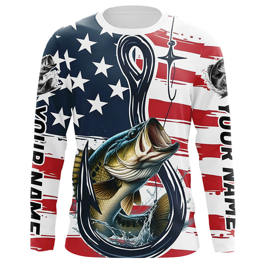 Maxcorners US Flag Fish Hook Custom Patriotic Largemouth Bass Long Sleeve Fishing Shirts, Bass Fishing Jerseys LM0201