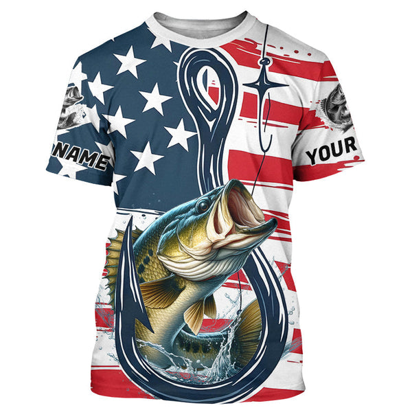 Maxcorners Us Flag Fish Hook Custom Patriotic Largemouth Bass Long Sleeve Fishing Shirts, Bass Fishing Jerseys MT2108