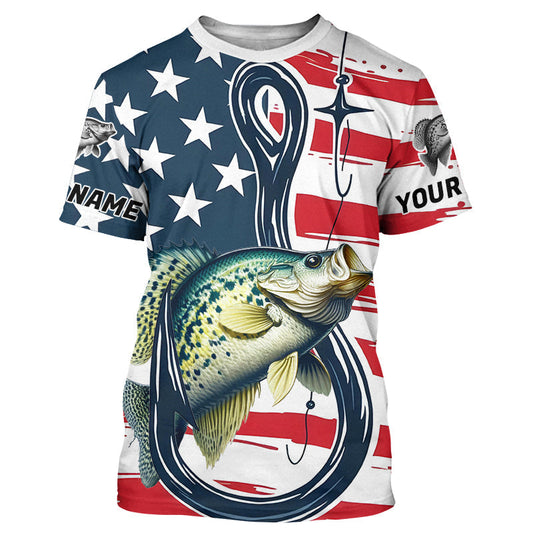 Maxcorners Us Flag Fish Hook Custom Patriotic Crappie Long Sleeve Fishing Shirts, Crappie Fishing Jerseys