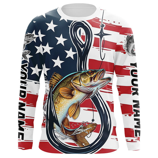 Maxcorners Us Flag Fish Hook Custom Patriotic Walleye Long Sleeve Fishing Shirts, Walleye Fishing Jerseys MT2108