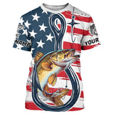 Maxcorners Us Flag Fish Hook Custom Patriotic Walleye Long Sleeve Fishing Shirts, Walleye Fishing Jerseys MT2108