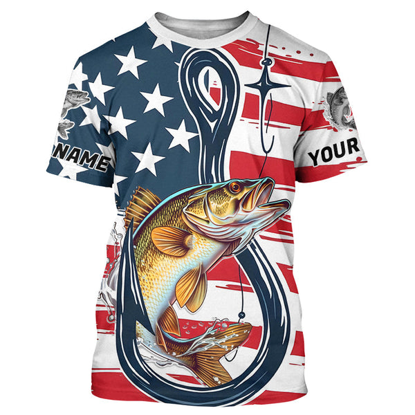 Maxcorners Us Flag Fish Hook Custom Patriotic Walleye Long Sleeve Fishing Shirts, Walleye Fishing Jerseys MT2108