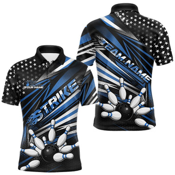 Maxcorners Custom Black And Blue US Flag Patriotic Strike Bowling Team Shirt, Freedom Bowling League Shirt Bowler Jerseys LM1501