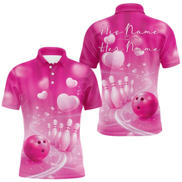 Maxcorners Custom Pink Valentine Bowling Couple Shirts, Pink Heart Theme Bowling Jerseys With His Name And Her Name LM1501