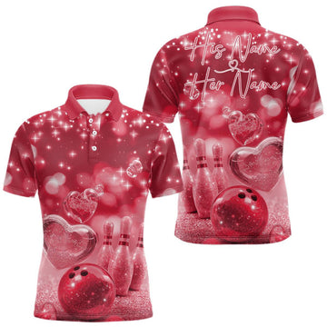 Maxcorners Custom Red Valentine Bowling Couple Shirts, Red Heart Theme Bowling Jerseys With His Name And Her Name LM1501