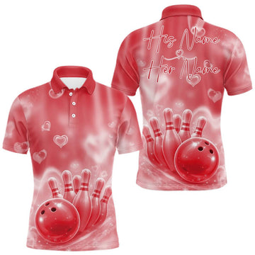 Maxcorners Custom Red Valentine Bowling Couple Shirts, Red Heart Theme Bowling Jerseys With His Name And Her Name LM1501