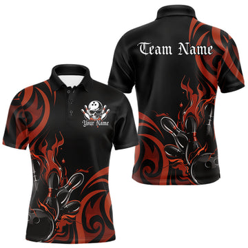 Maxcorners Custom Black And Orange Tribal Flame Bowling Men Shirt, Bowling League Shirt Team Jerseys LM2602
