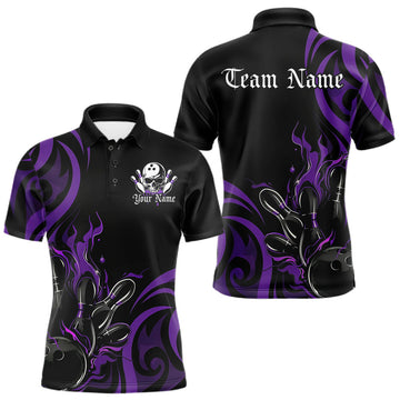 Maxcorners Custom Black And Purple Tribal Flame Bowling Men Shirt, Bowling League Shirt Team Jerseys LM2602