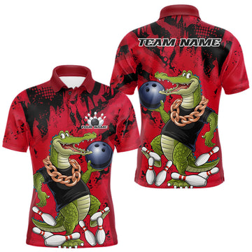 Maxcorners Red Custom Funny Alligator Bowling Men Polo Shirt, Bowling Team Jerseys Bowler Outfit LM2602