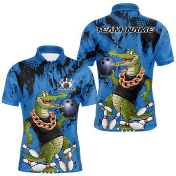 Maxcorners Blue Custom Funny Alligator Bowling Men Polo Shirt, Bowling Team Jerseys Bowler Outfit LM2602