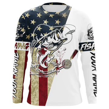 Maxcorners Personalized Vintage American Flag Bass Fishing Long Sleeve Shirts, Patriotic Bass Fishing Jerseys LM0201