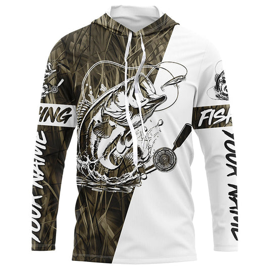 Maxcorners Custom Bass Fishing Tattoo Grass Camo Long Sleeve Tournament Fishing Shirts, Bass Fishing Jerseys LM0201