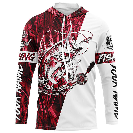 Maxcorners Custom Bass Fishing Tattoo Red Camo Long Sleeve Tournament Fishing Shirts, Bass Fishing Jerseys LM0201