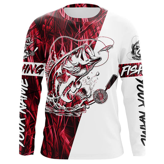 Maxcorners Custom Bass Fishing Tattoo Red Camo Long Sleeve Tournament Fishing Shirts, Bass Fishing Jerseys LM0201