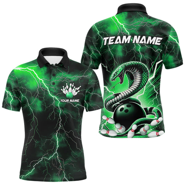 Maxcorners Green Thunder Lightning Custom Cobra Snake Bowling Polo Shirts For Men, Bowling Team Shirt 