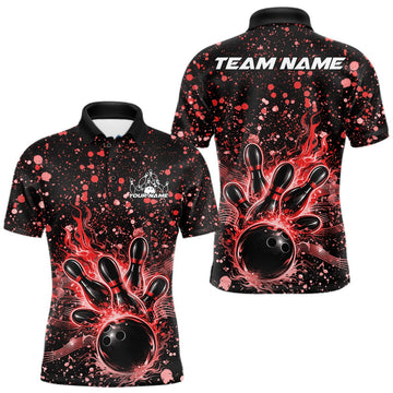 Maxcorners Custom Red Splatter Music Flame Bowling Men Polo Shirt, Music Bowling Jerseys