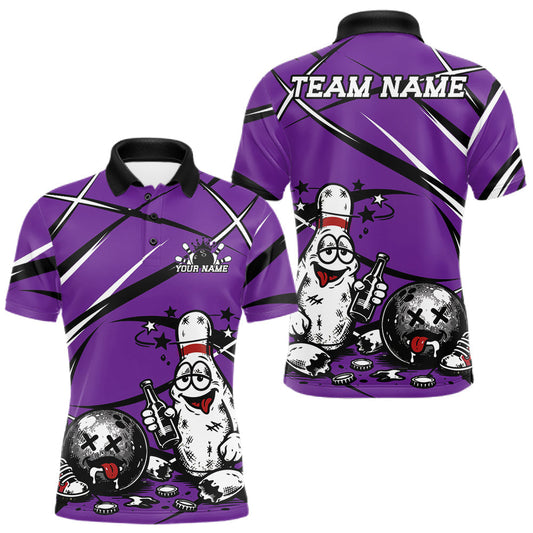 Maxcorners Purple Custom Funny Drunk Bowling Ball And Pins Bowling Shirts For Men, Women And Kid, Bowling And Beer Jersey