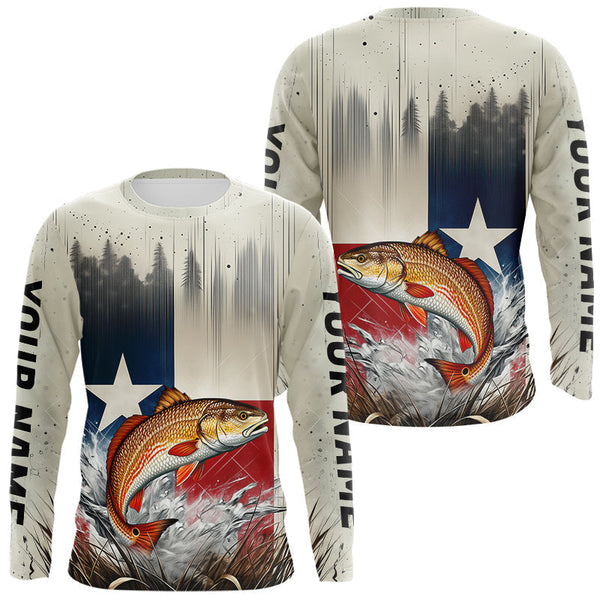 Maxcorners Custom Texas Flag Redfish Puppy Drum Long Sleeve Tournament Fishing Shirt LM0607