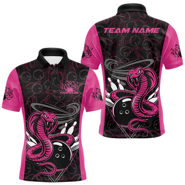Maxcorners Custom Pink Cobra Snake Bowling Team Men Polo Shirts, Bowling Pattern Shirt LM1203