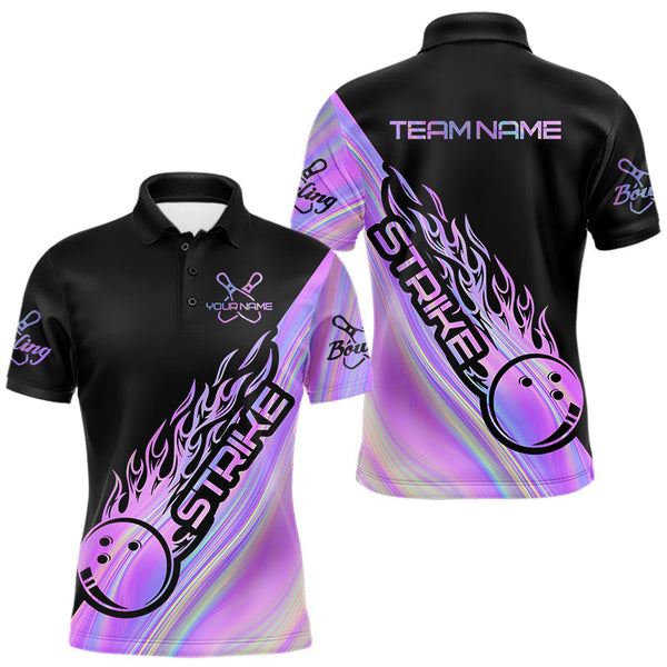 Maxcorners Custom Hologram Flame Strike 1 Bowling Polo Shirts For Men, Bowling Team Bowler Outfit MT1309