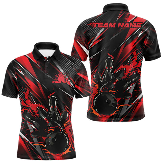 Maxcorners Black And Red Flame Custom Bowling Men Polo Shirt, Bowling Tournament Team Jersey