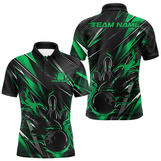 Maxcorners Black And Green Flame Custom Bowling Men Polo Shirt, Bowling Tournament Team Jersey