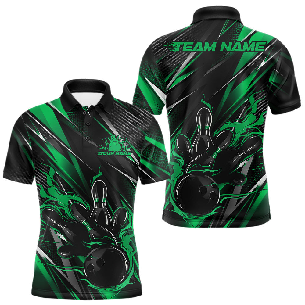Maxcorners Black And Green Flame Custom Bowling Men Polo Shirt, Bowling Tournament Team Jersey