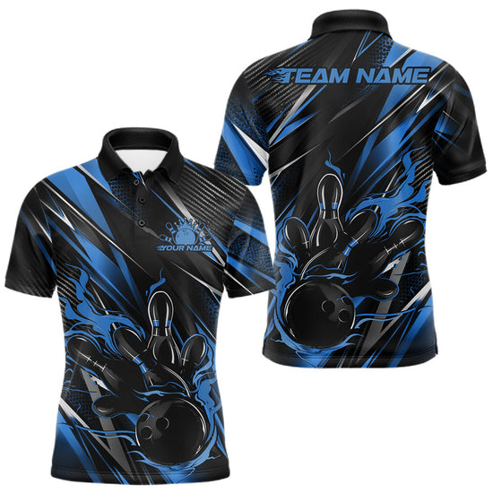 Maxcorners Black And Blue Flame Custom Bowling Men Polo Shirt, Bowling Tournament Team Jersey