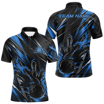 Maxcorners Black And Blue Flame Custom Bowling Men Polo Shirt, Bowling Tournament Team Jersey