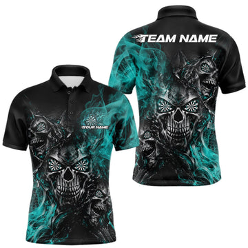 Maxcorners Custom Black And Turquoise Flame Skull Dart Jersey Dart Team Men Polo Shirt Halloween Outfit LM1910