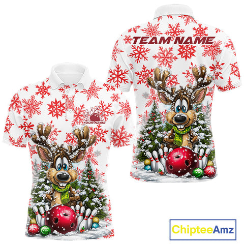 Maxcorners Custom Cute Funny Reindeer Christmas Bowling Men Polo Shirts, Xmas Team Bowling Shirts LM1411