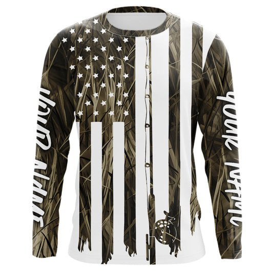 Maxcorners Custom Camouflage US Flag Fishing Rod Patriotic Long Sleeve Fishing Shirts LM0501