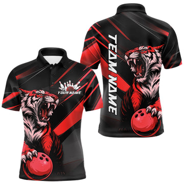 Maxcorners Custom Black And Red Tiger Bowling Team Men Shirt, Bowling League Shirt Bowler Uniform LM2602