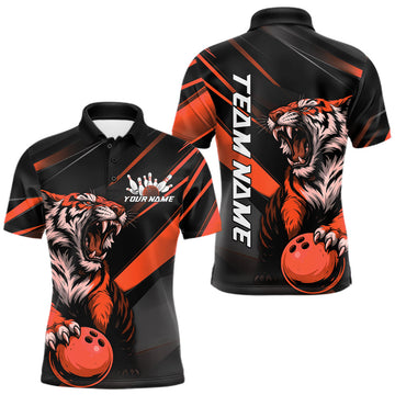 Maxcorners Custom Black And Orange Tiger Bowling Team Men Shirt, Bowling League Shirt Bowler Uniform LM2602