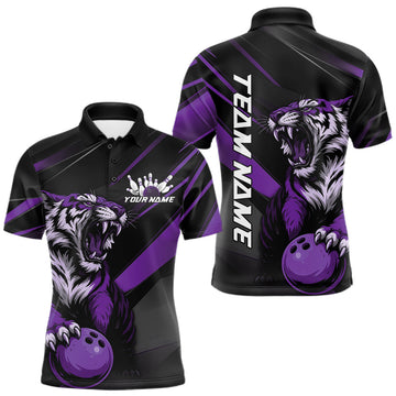 Maxcorners Custom Black And Purple Tiger Bowling Team Men Shirt, Bowling League Shirt Bowler Uniform LM2602