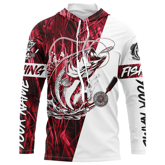 Maxcorners Custom Bass Fishing Tattoo Red Camo Long Sleeve Tournament Fishing Shirts, Bass Fishing Jerseys LM0201