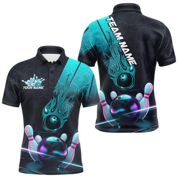 Maxcorners Custom Black And Blue Flame Bowling Polo Shirts For Men, Holographic Bowling League Shirt