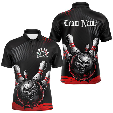 Maxcorners Custom Black And Red Grunge Style Skull Bowling Polo Shirts For Men, Bowling Team Uniform